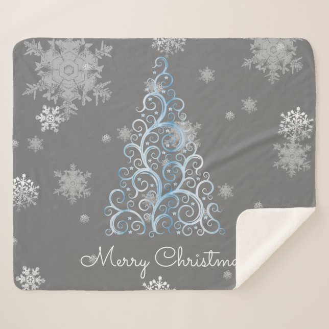 Cobertor Sherpa Árvore de Natal Azul e Flocos de Neve Sherpa Blank (Frente (Horizontal))