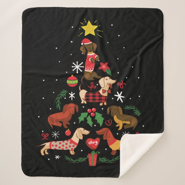 Cobertor Sherpa Árvore de Natal Engraçado Dachshund (Frente)