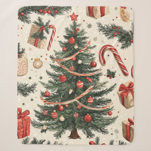 Cobertor Sherpa Árvore de Natal Vintage Creme Vermelho Toile Verde