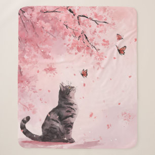 Cobertor Sherpa Árvore Japonesa Sakura com Gato Preto e Borboleta