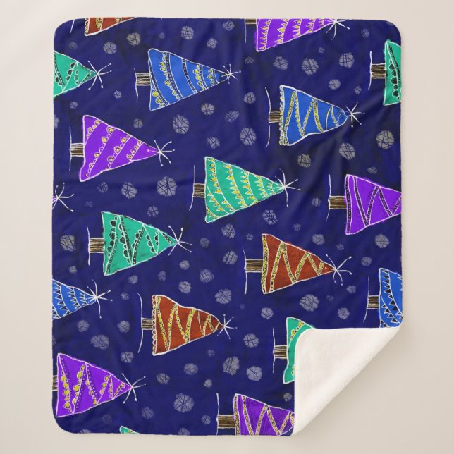 Cobertor Sherpa Árvores de Natal Aquarela: Padrão Florestal. (Frente)