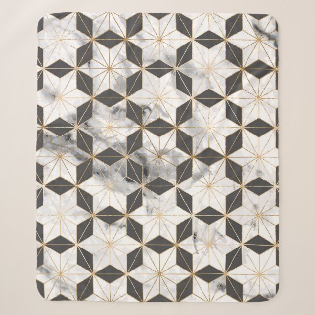 Cobertor Sherpa Asanoha Japonês: Dourado Padrão Marble. (Frente)