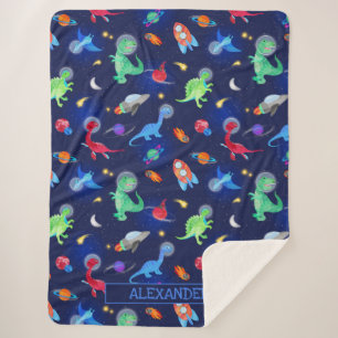 Cobertor Sherpa Astronautas Dinossauros Aquarela No Espaço Azul
