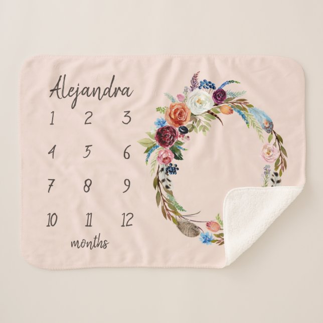 Cobertor Sherpa Autumn Boho Blooms Monograma Baby Milestone Foto (Frente (Horizontal))