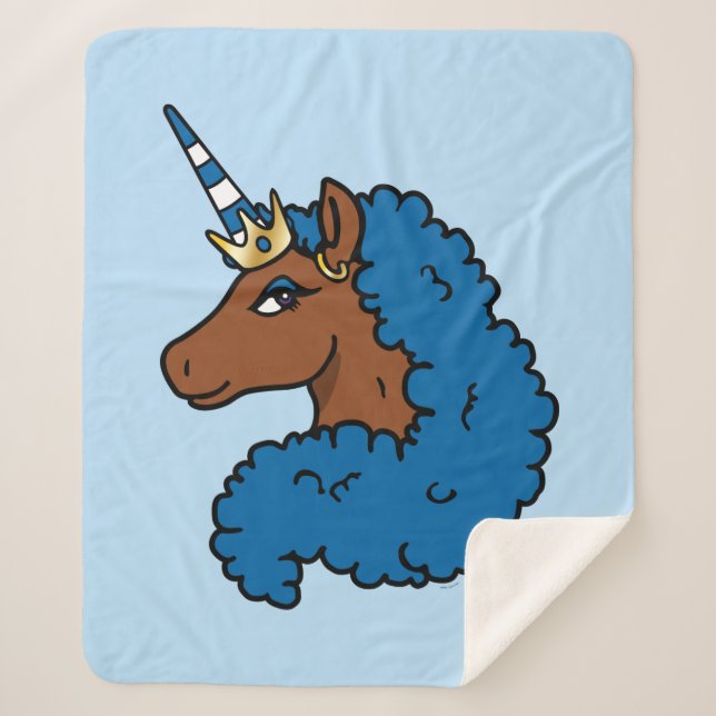 Cobertor Sherpa Azul Afro Unicorn (Frente)