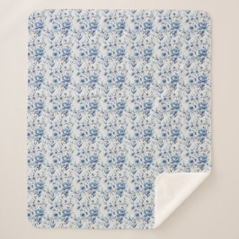 Cobertor Sherpa Azul Branco Floral Toile Chinoiserie Aquarela