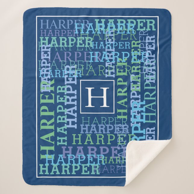 Cobertor Sherpa Azul conhecido da nuvem do monograma (Frente)