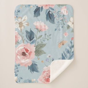 Cobertor Sherpa Azul Desbotado Flores Aguarela Jardim Flores Rosa