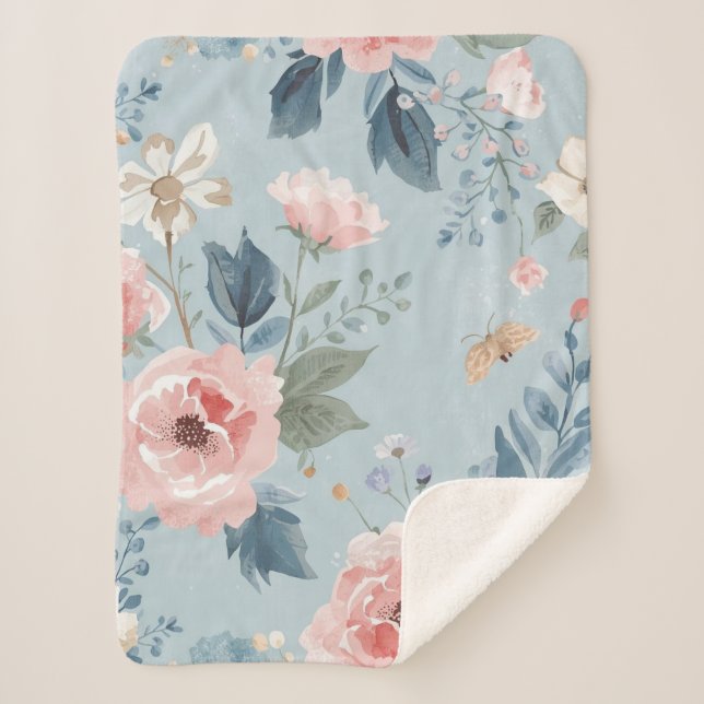 Cobertor Sherpa Azul Desbotado Flores Aguarela Jardim Flores Rosa (Frente)