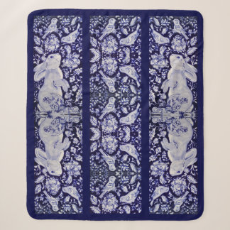 Cobertor Sherpa Azul e Coelho Branco Pássaro Floral Chinoiserie Na