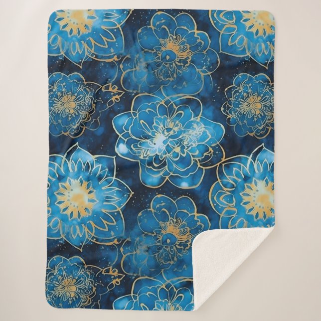 Cobertor Sherpa Azul Elegante e Dourado Floral - Na moda botânico (Frente)