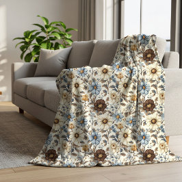Cobertor Sherpa Azul Floral Marrom Flores Boho Chic Quente