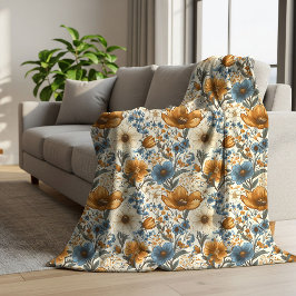 Cobertor Sherpa Azul Pó Floral Terracota Boho Quarto Suave