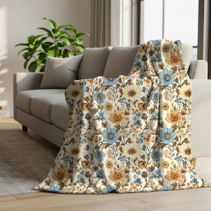 Cobertor Sherpa Azul Poeirento Flores de Marfim Elegante Boêmio Su