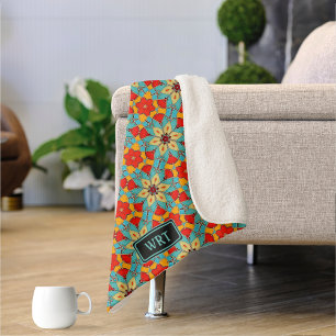 Cobertor Sherpa Azulejos De Vidro Retro De Flor Com Bela Turquesa