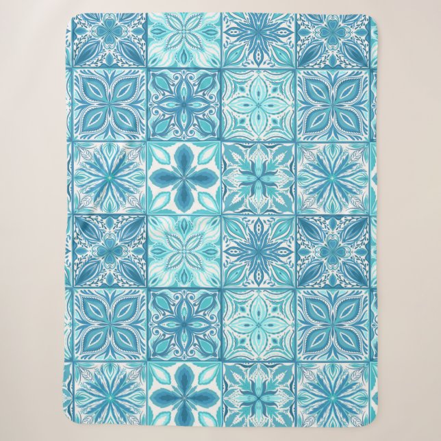 Cobertor Sherpa azulejos ornamentados em azul e branco (Frente)