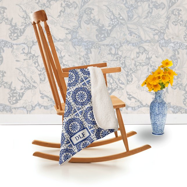 Cobertor Sherpa Azulejos Pintados de Potéria Azul e Branco da Euro (Criador carregado)