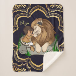 Cobertor Sherpa Baby boy and lion on a black mandala background