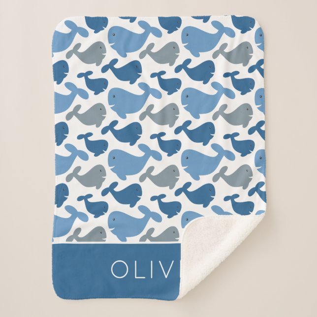 Cobertor Sherpa Baleia Azul Marinho Fofa Personalizada Menino (Frente)