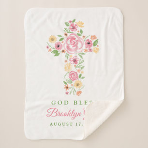 Cobertor Sherpa Baptismo/batismo cor-de-rosa da cruz da flor da