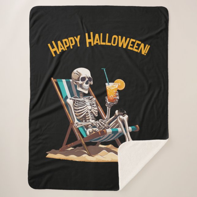 Cobertor Sherpa Beach Lounging Skeleton Halloween (Frente)