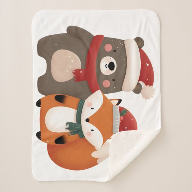 Cobertor Sherpa Bear e Raposa Cubra de Natal/Inverno (Frente)