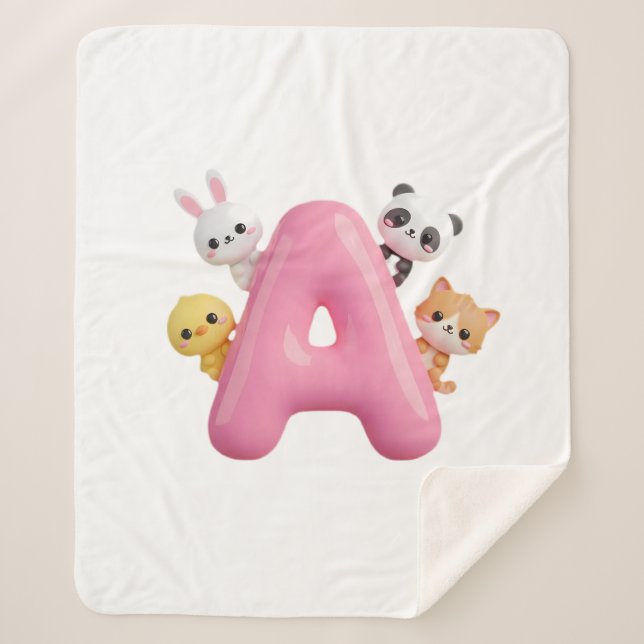 Cobertor Sherpa Bebê Letra A Floresta Animais Rosa (Frente)