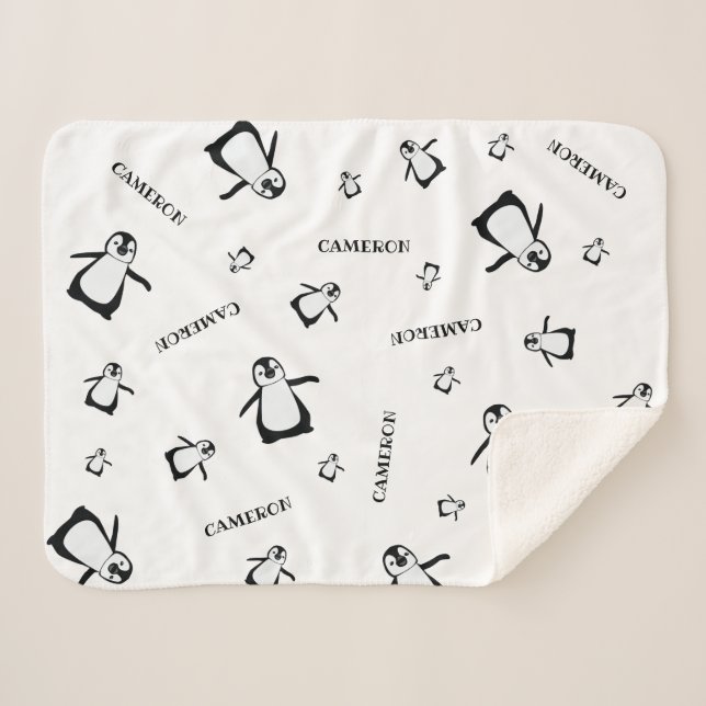 Cobertor Sherpa Bebê personalizado Pinguim branco preto (Frente (Horizontal))