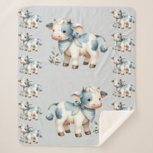 Cobertor Sherpa Bebê Vaca Xadrez Azul Estética Pastel Fazenda