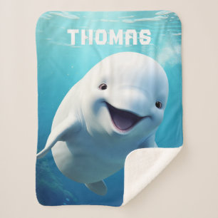 Cobertor Sherpa Beluga Baleia Cartoon Blue Green Oceano Ártico