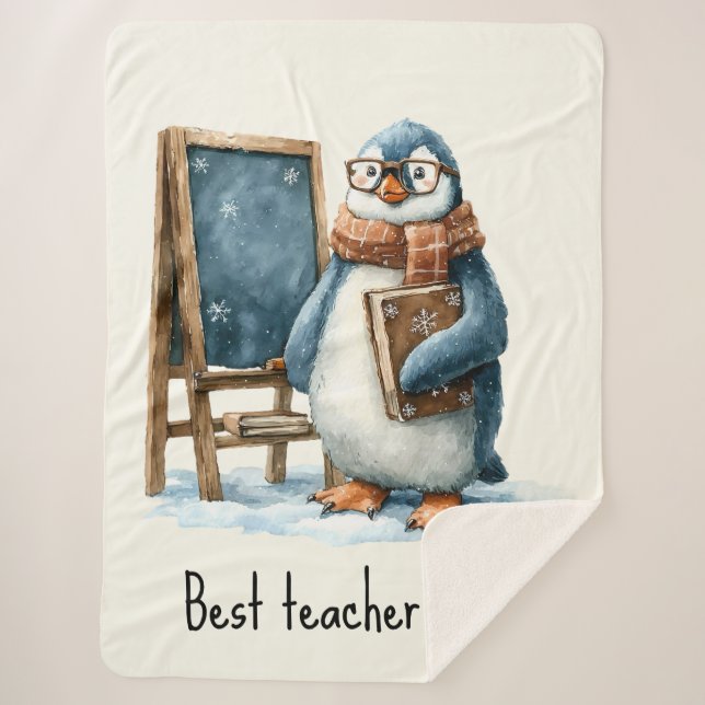 Cobertor Sherpa Best Teacher Ever Winter Penguin Design (Frente)