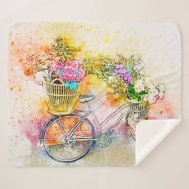 Cobertor Sherpa Bicicleta e flores  (Frente (Horizontal))