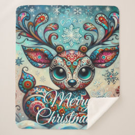 Cobertor Sherpa Big Eye Christmas Reindeer Folk Art Personalized
