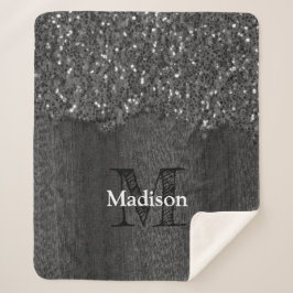 Cobertor Sherpa Black white faux sparkles rustic wood Monogram
