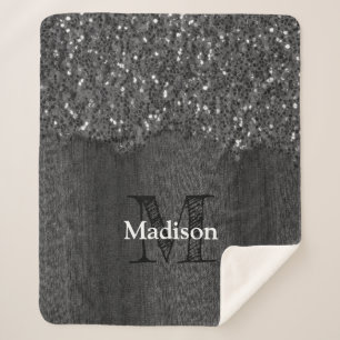 Cobertor Sherpa Black white faux sparkles rustic wood Monogram