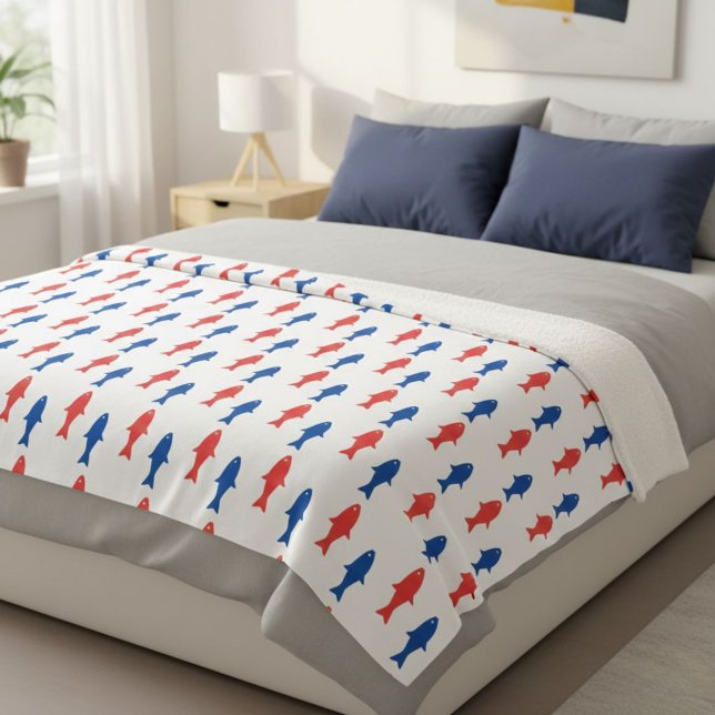 Cobertor Sherpa Blanket with red and blue fish, nautical design (Criador carregado)
