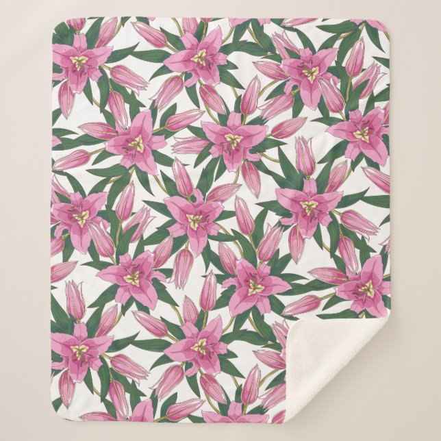 Cobertor Sherpa Blooming Lilies in Pastel Pink on White (Frente)