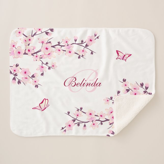 Cobertor Sherpa Blossomas de Cereja Floral Monograma Branco Rosa (Frente (Horizontal))