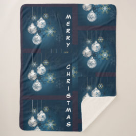 Cobertor Sherpa Blue and Silver Ornament Merry Christmas Blanket