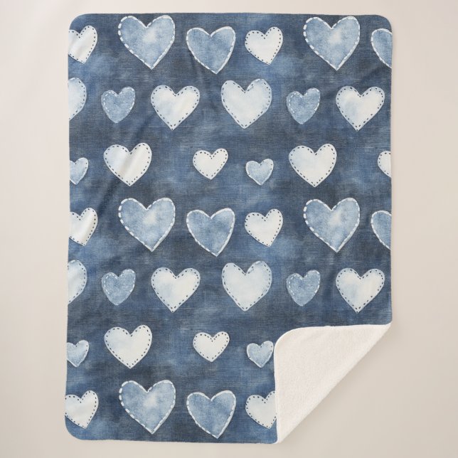 Cobertor Sherpa Blue Denim Hearts (Frente)