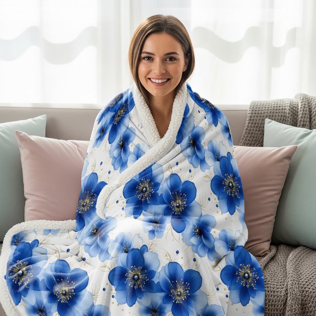 Cobertor Sherpa Blue Floral Pattern with Gold Accents (Criador carregado)