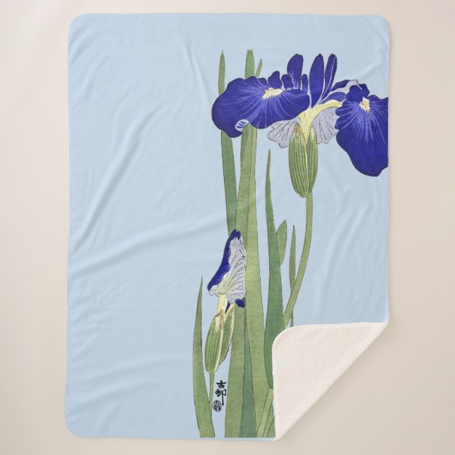 Cobertor Sherpa Blue Irises de Ohara Koson (Frente)