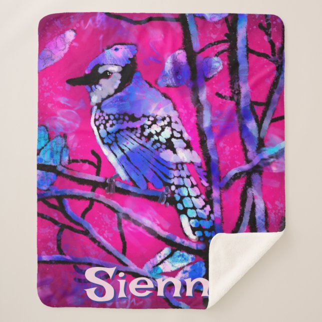 Cobertor Sherpa Blue Jay Bird Tree Branch Pink Personalized  (Frente)