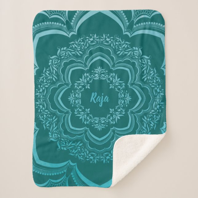 Cobertor Sherpa Blue Mandala on a Dark Green Background (Frente)