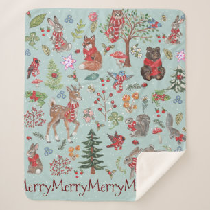 Cobertor Sherpa Blue Woodland Animal Winter Snow Christmas Child
