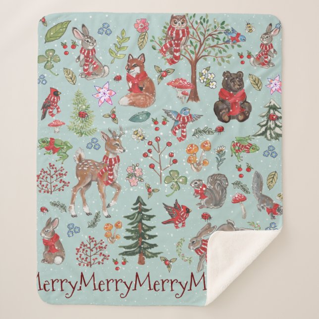 Cobertor Sherpa Blue Woodland Animal Winter Snow Christmas Child (Frente)