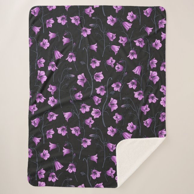 Cobertor Sherpa Bluebells à meia-noite, Harebeldes, Flores 2 (Frente)