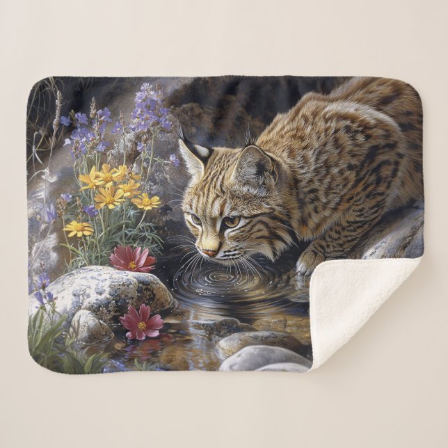 Cobertor Sherpa Bobcat com flores silvestres Arte cônica (Frente (Horizontal))