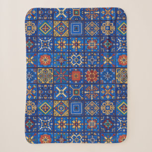 Cobertor Sherpa Boêmio Azul Cobalto Arte Popular Motivos Geométric