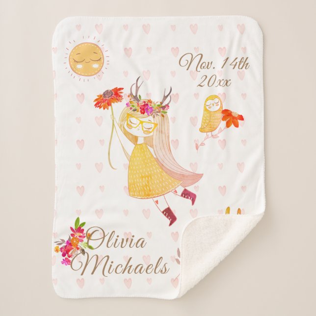 Cobertor Sherpa Boho Amor Menina Coruja Coelho Data Nome (Frente)